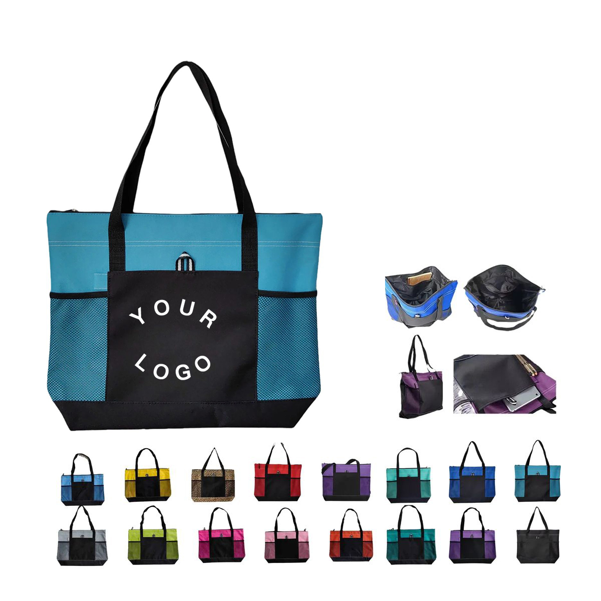 Polyester Zipper Tote with Front and Side Pockets, custom tote bag with logo imprint 16