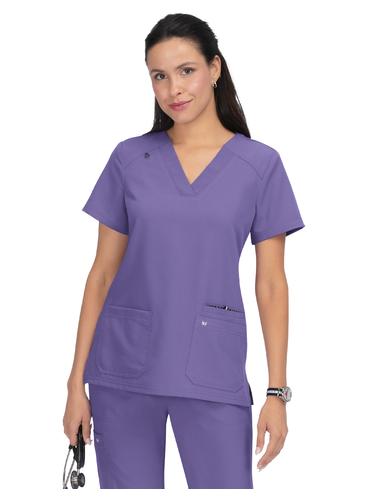 koi - Next Gen - Women's Three-Pocket Wide V-Neck Stretch Hustle and Heart Top 41