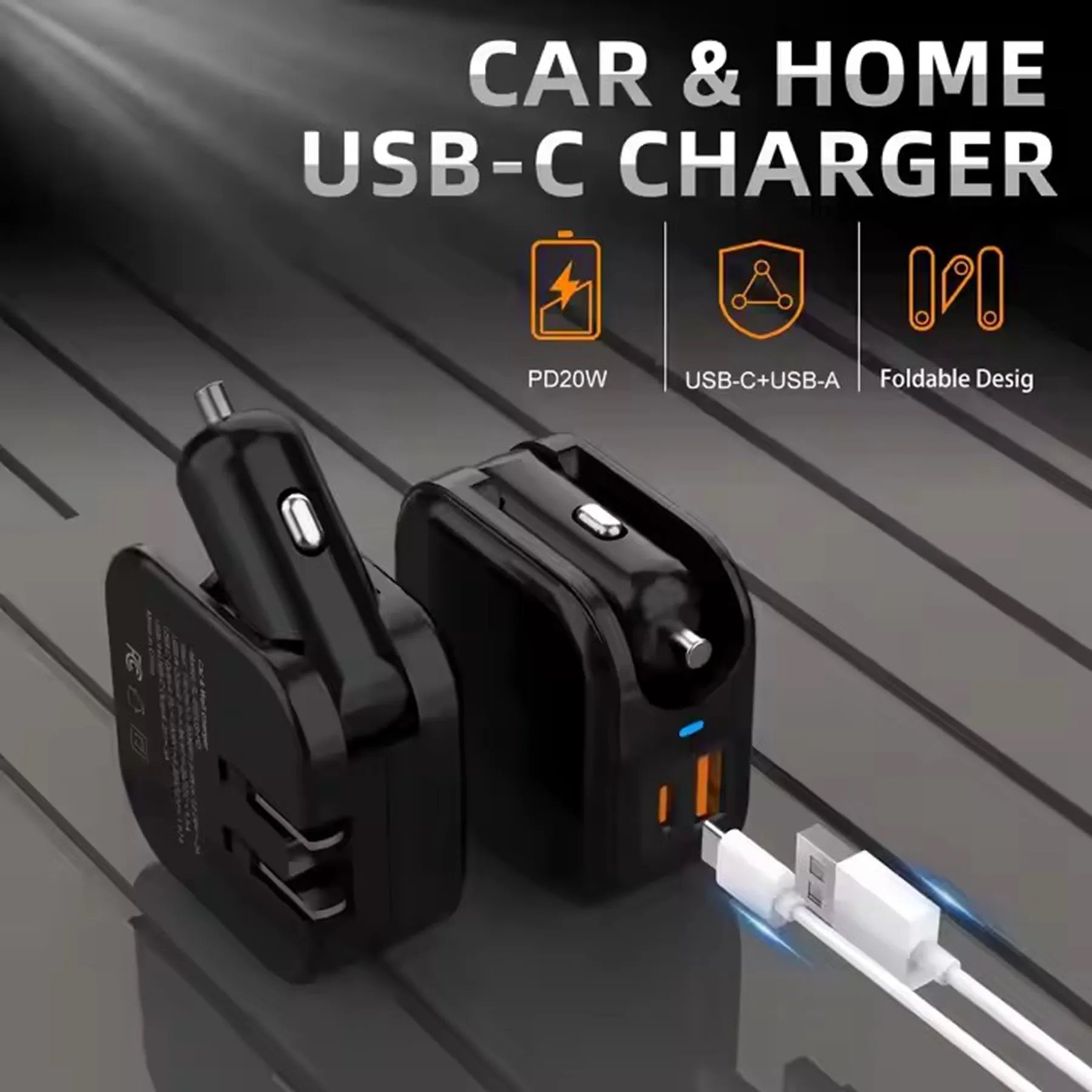 2-in-1 Portable USB Car Charger with Foldable Plug 4