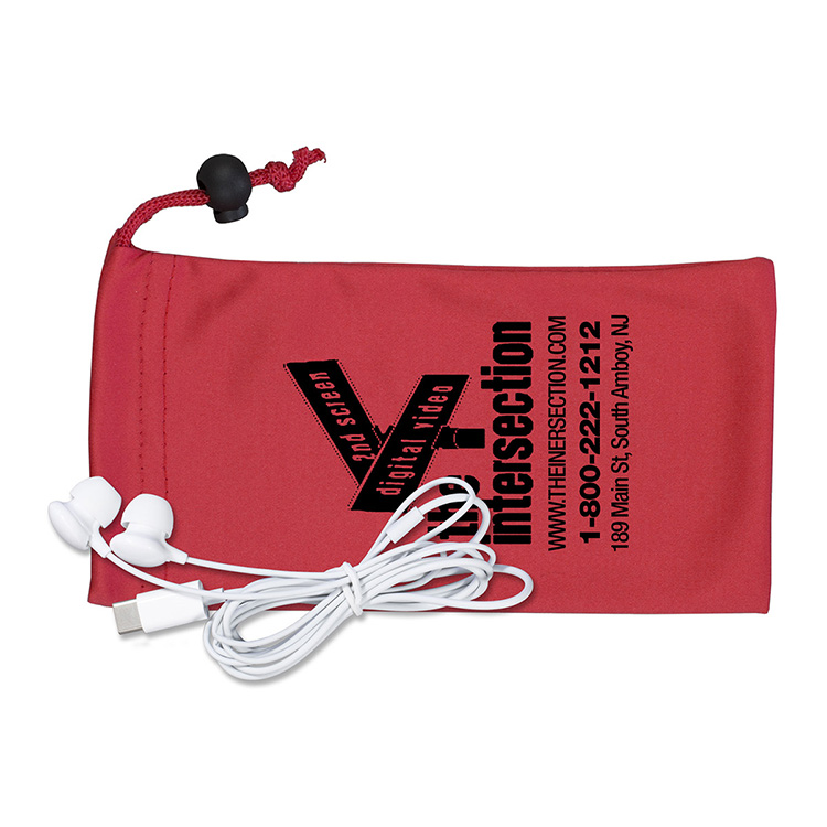 Mobile Tech Earbud Kit in Microfiber Cinch Pouch Components inserted into Microfiber Pouch 10