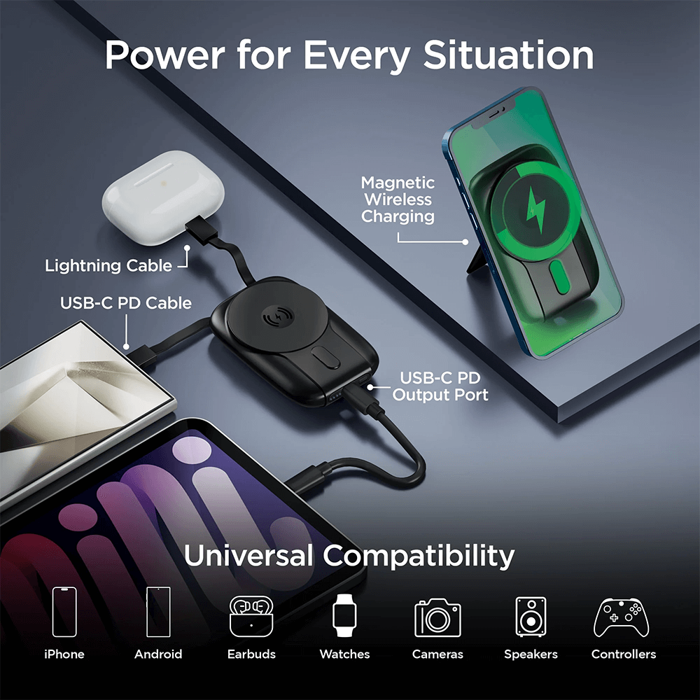 Hypergear 5,000mAh Mag Grip Go Magnetic Wireless Fast Charge Power Bank with Built-In Cables 22
