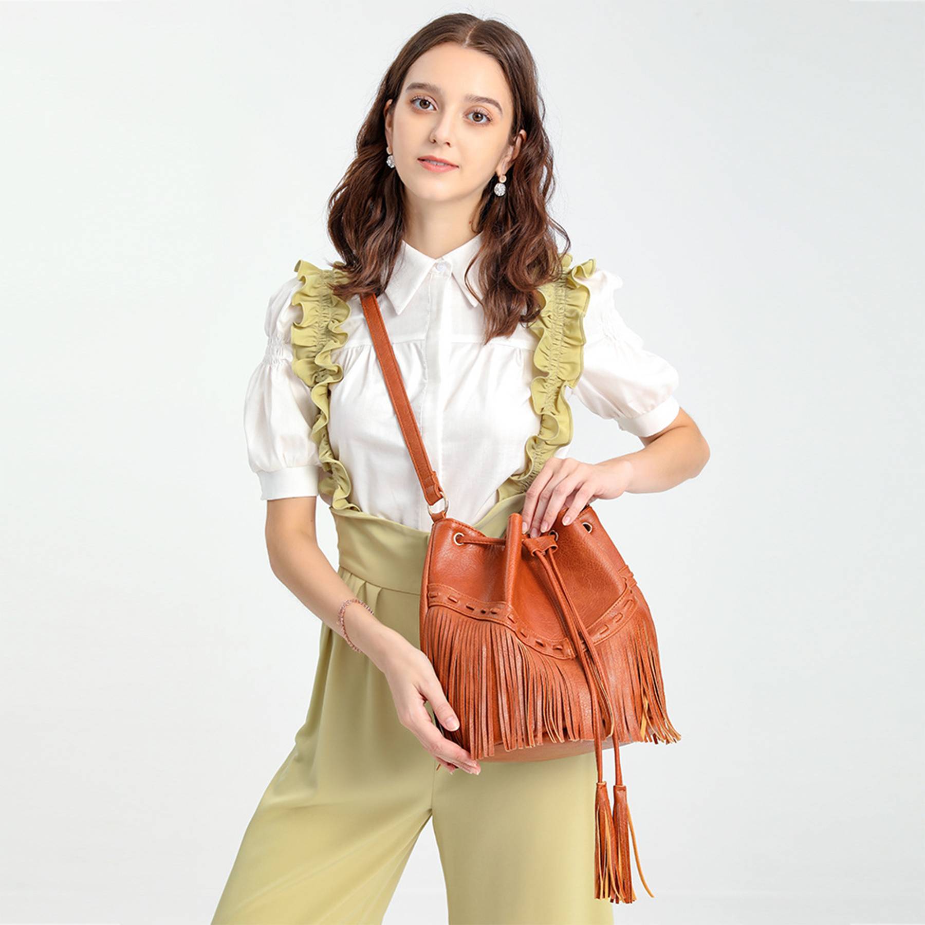 PU leather Drawstring Purse Tassel Crossbody Shoulder Bag 7