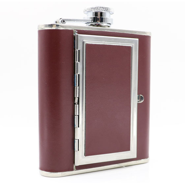 Leather Cover SS with Cigarette Case Hip Flask 5oz 6