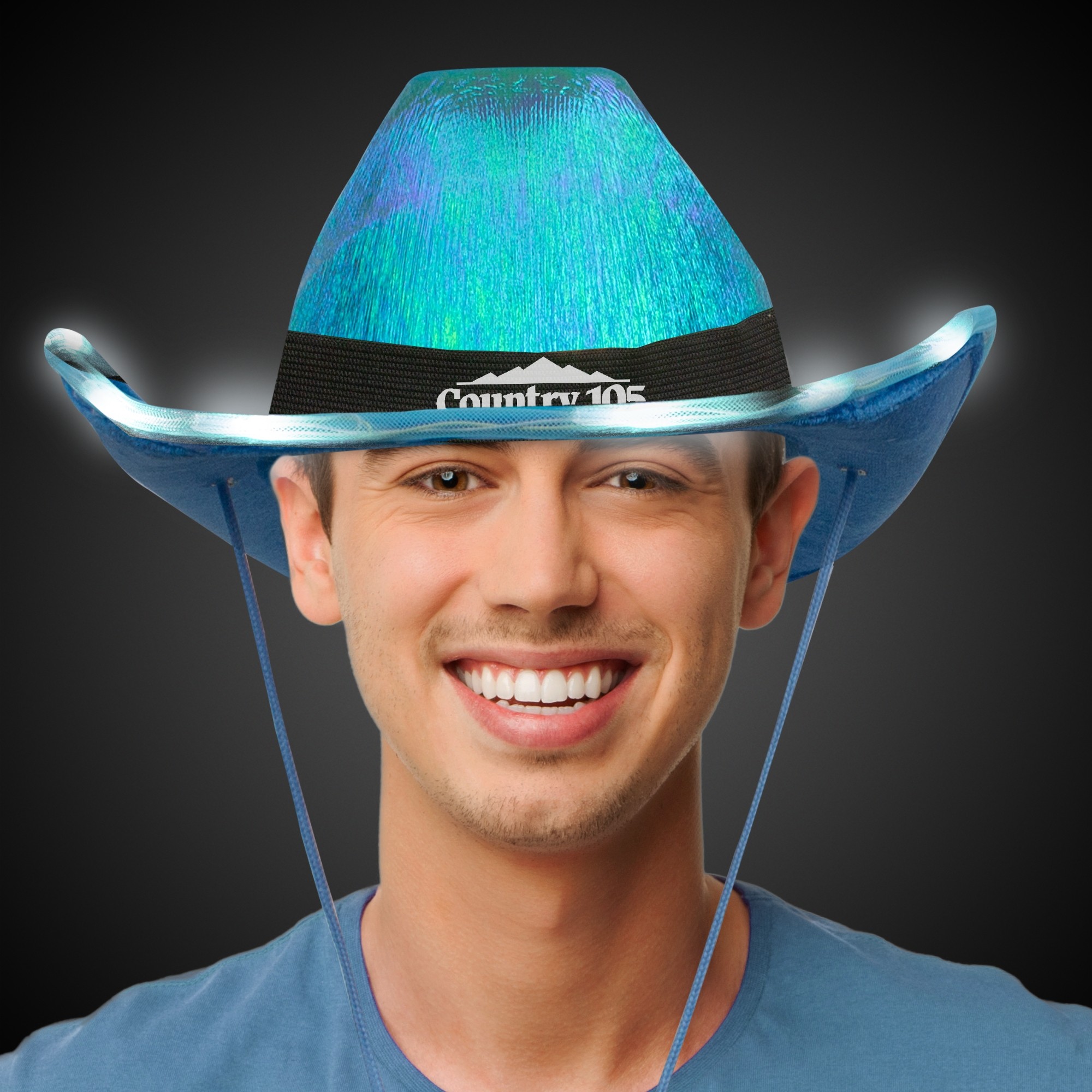 Blue Iridescent Light Up Cowboy Hat(Black Imprinted Band) 4