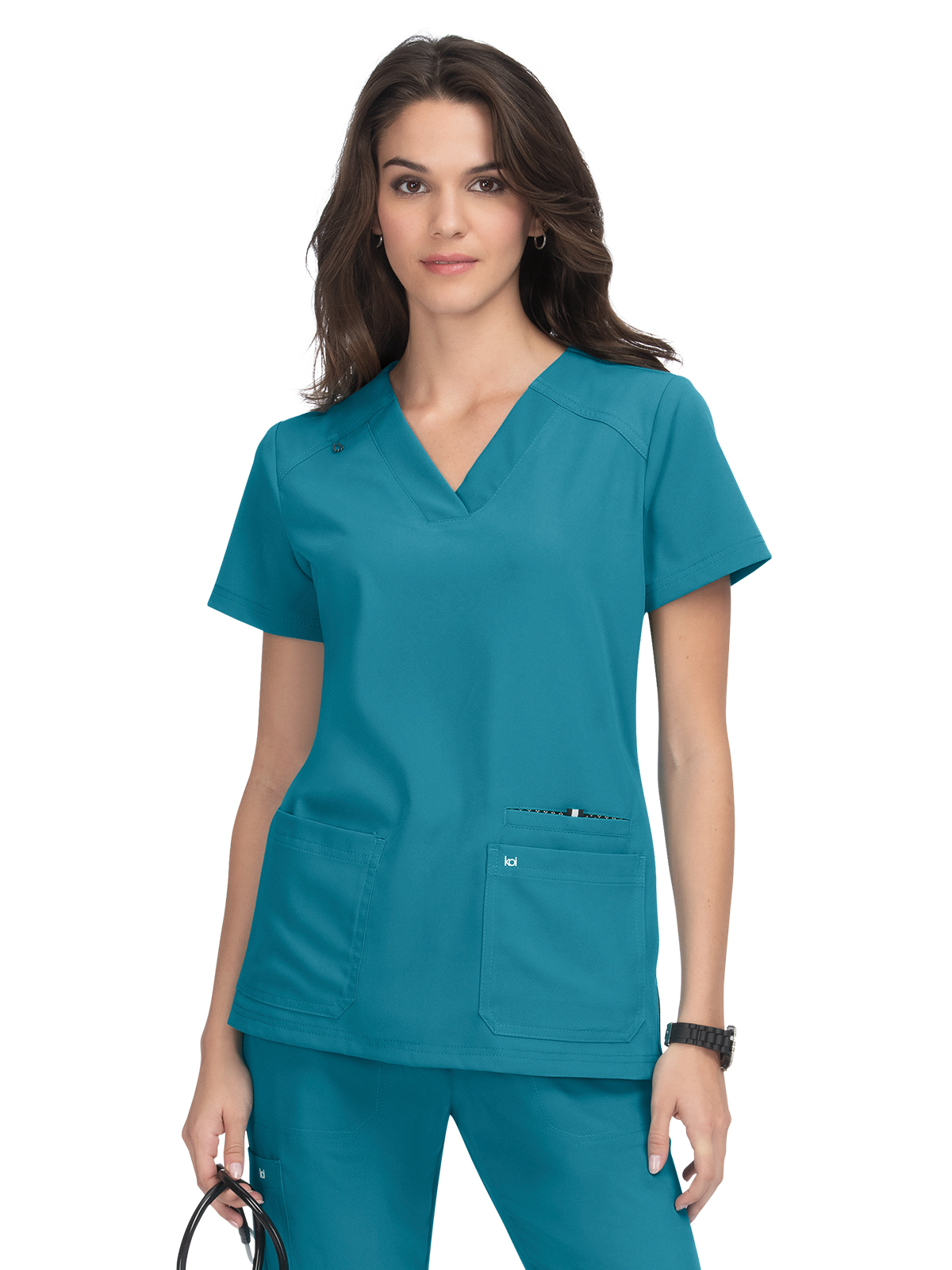 koi - Next Gen - Women's Three-Pocket Wide V-Neck Stretch Hustle and Heart Top 52