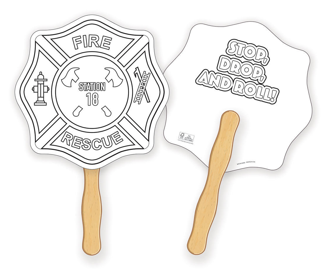 HAND FANS - Coloring Fan, Fire Badge Shape 3