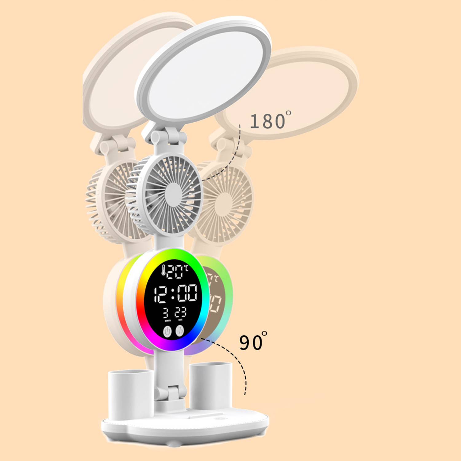 Foldable LED Clock Display Desk Lamp w/ Fan 3