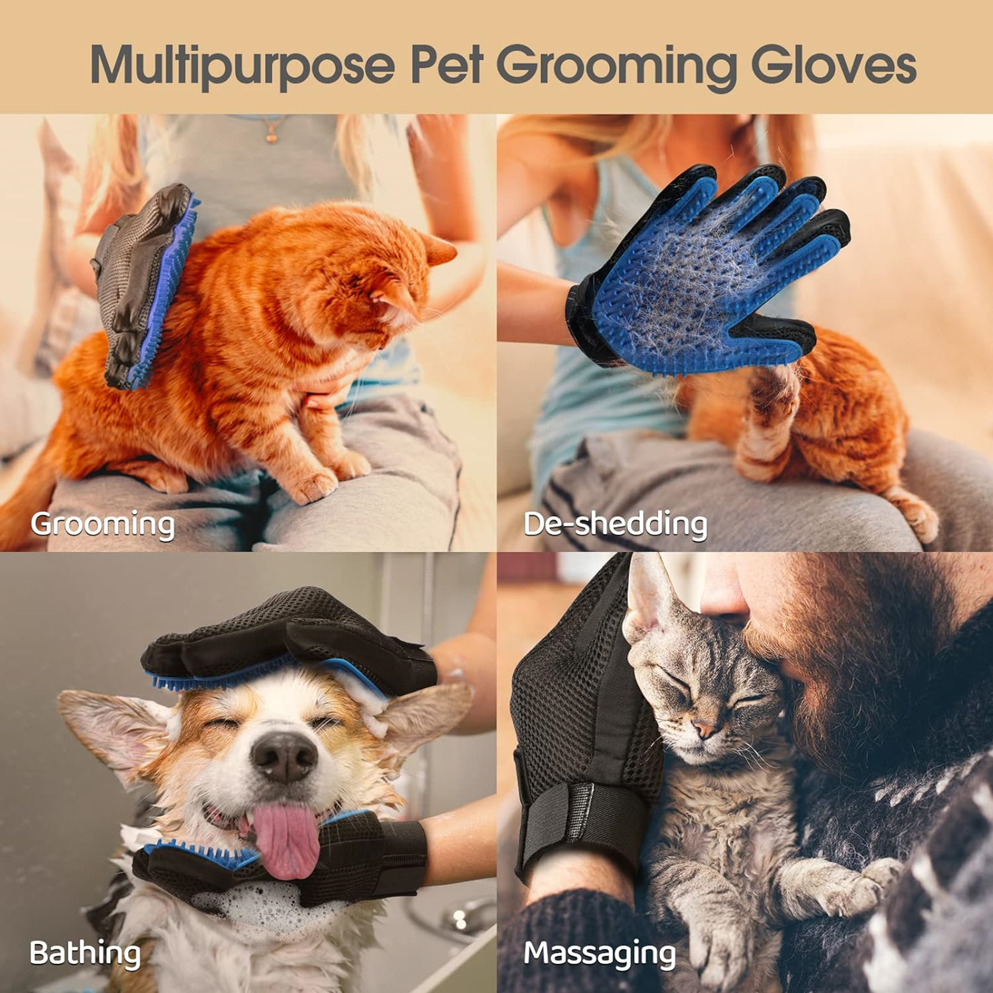 Pet Grooming Gloves Cat Brushes For Gentle Shedding 2