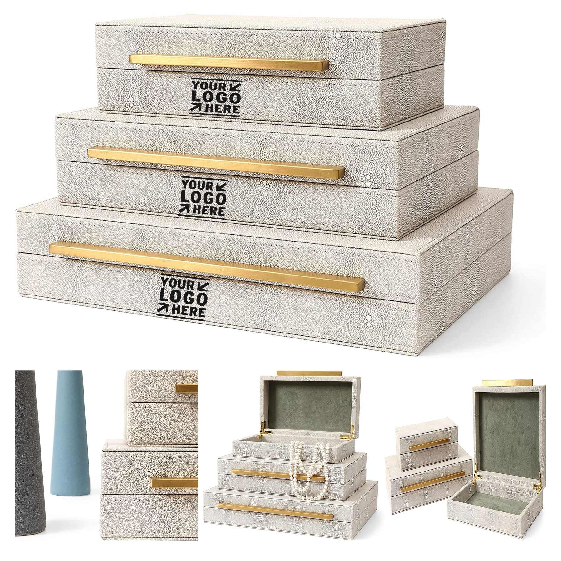 Set of 3 Pcs Faux Ivory Shagreen Leather Box