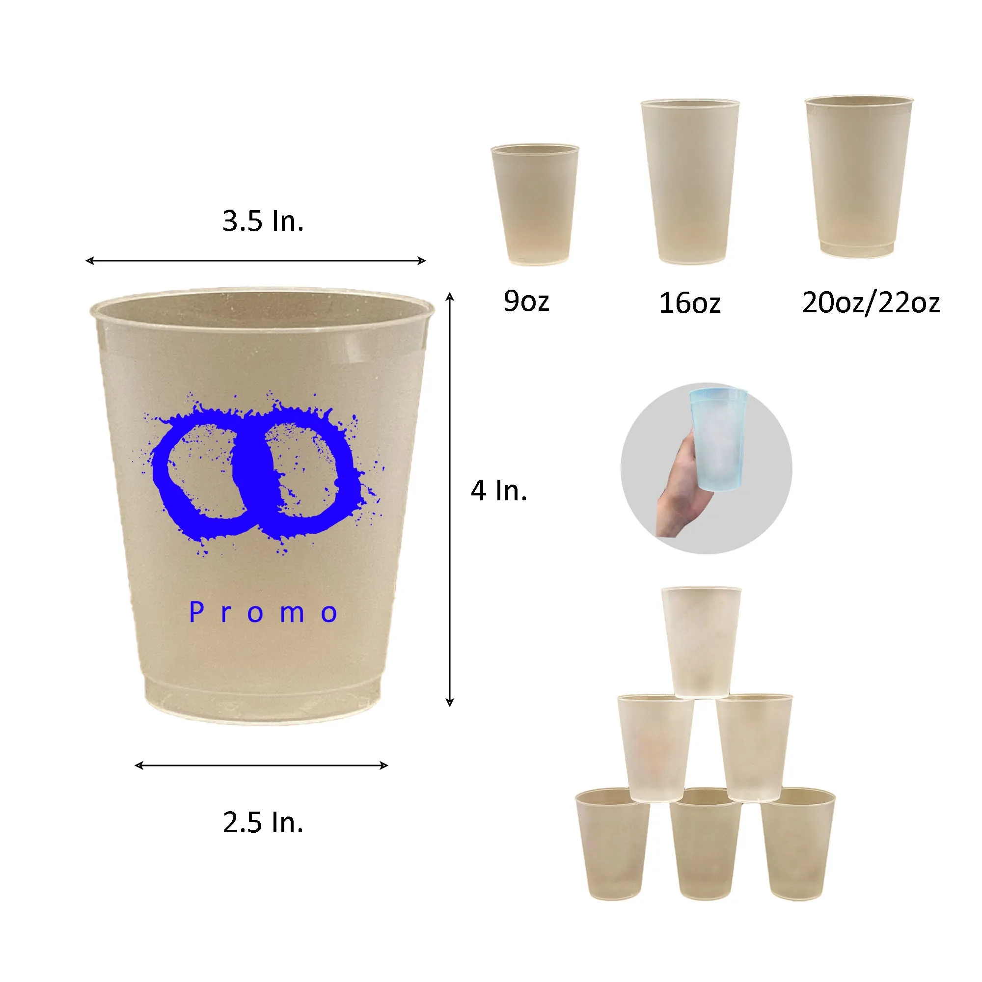 MOQ 100 Frosted Plastic Stadium Cup 4"L x 3.5"W x 2.5"H