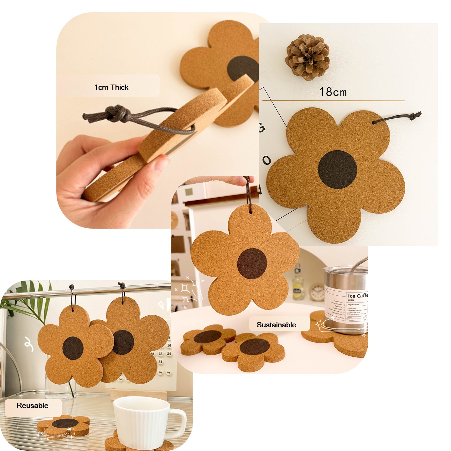 7" Flower Shape Cork Trivet Pot Holder with lanyard 4