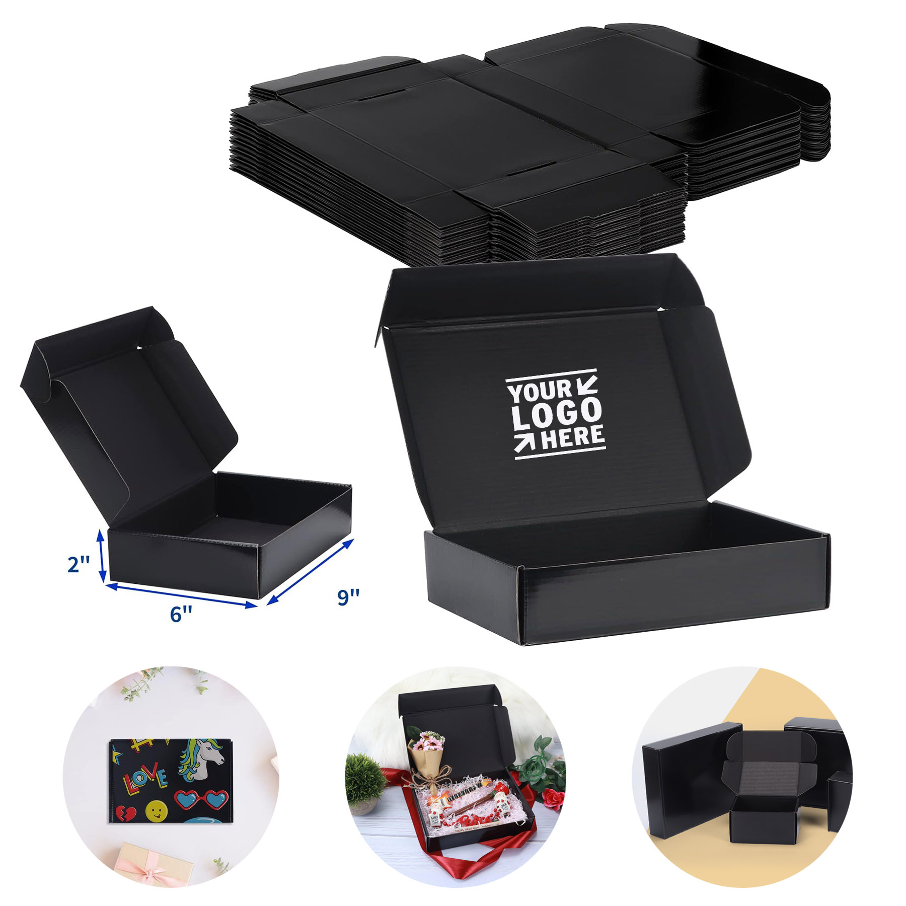 Small Business 9x6x2 Black Cardboard Corrugated Mailer Shipping Packaging Gift Box