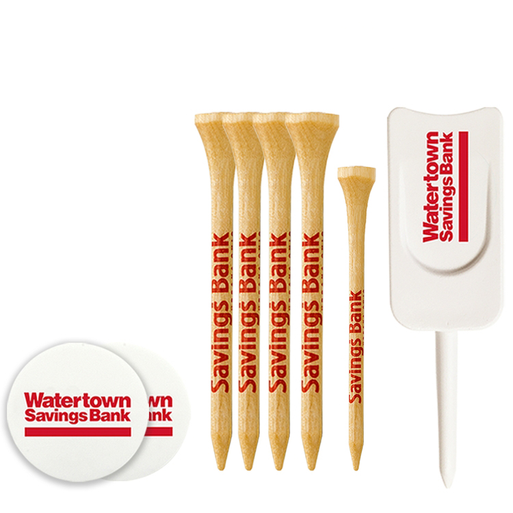 4 Wood Tees 2 3/4", 1 Wood Tee 2 1/8", 2 Ball Markers, Single Prong Plastic Divot Tool