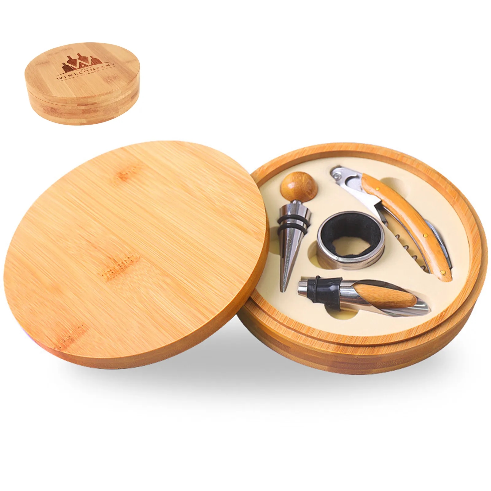 Round Bamboo 4-Piece Wine Tool Set 2