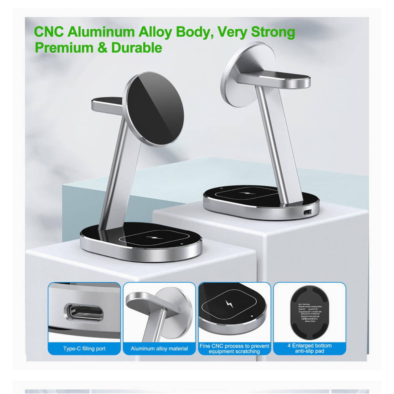 Magnetic All-Aluminum Alloy 15W 3-in-1 Wireless Fast Charger 4