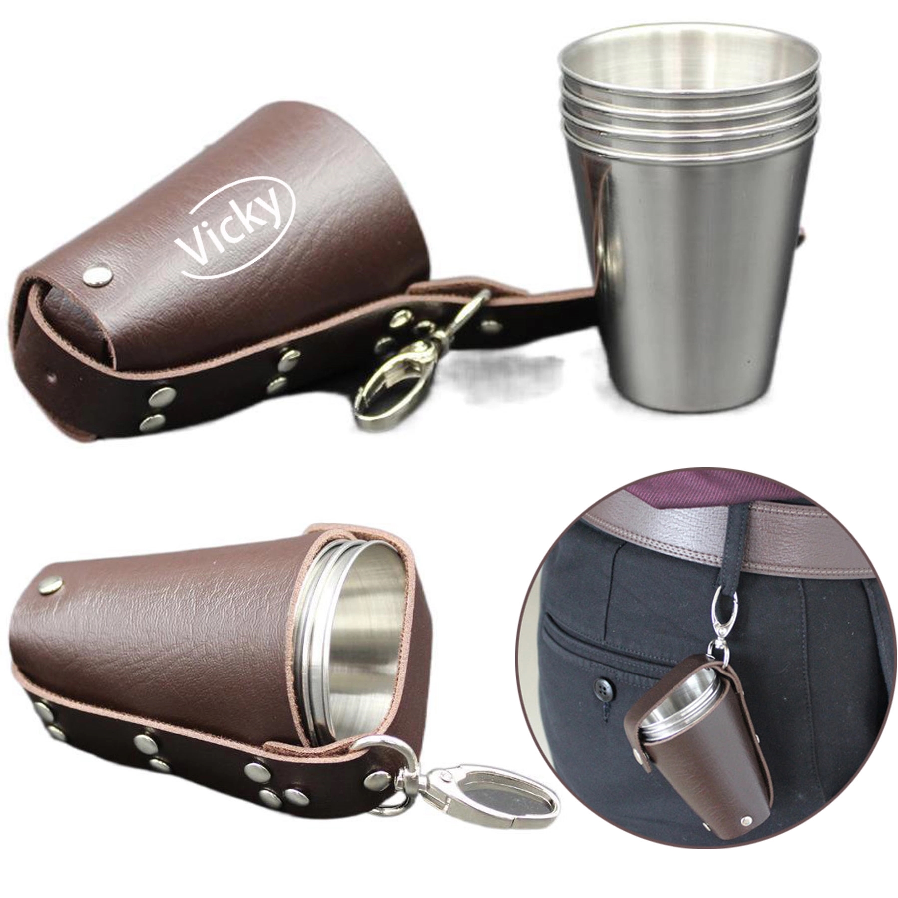 4 Stainless Steel Cups With Leather Holder Keychain 2