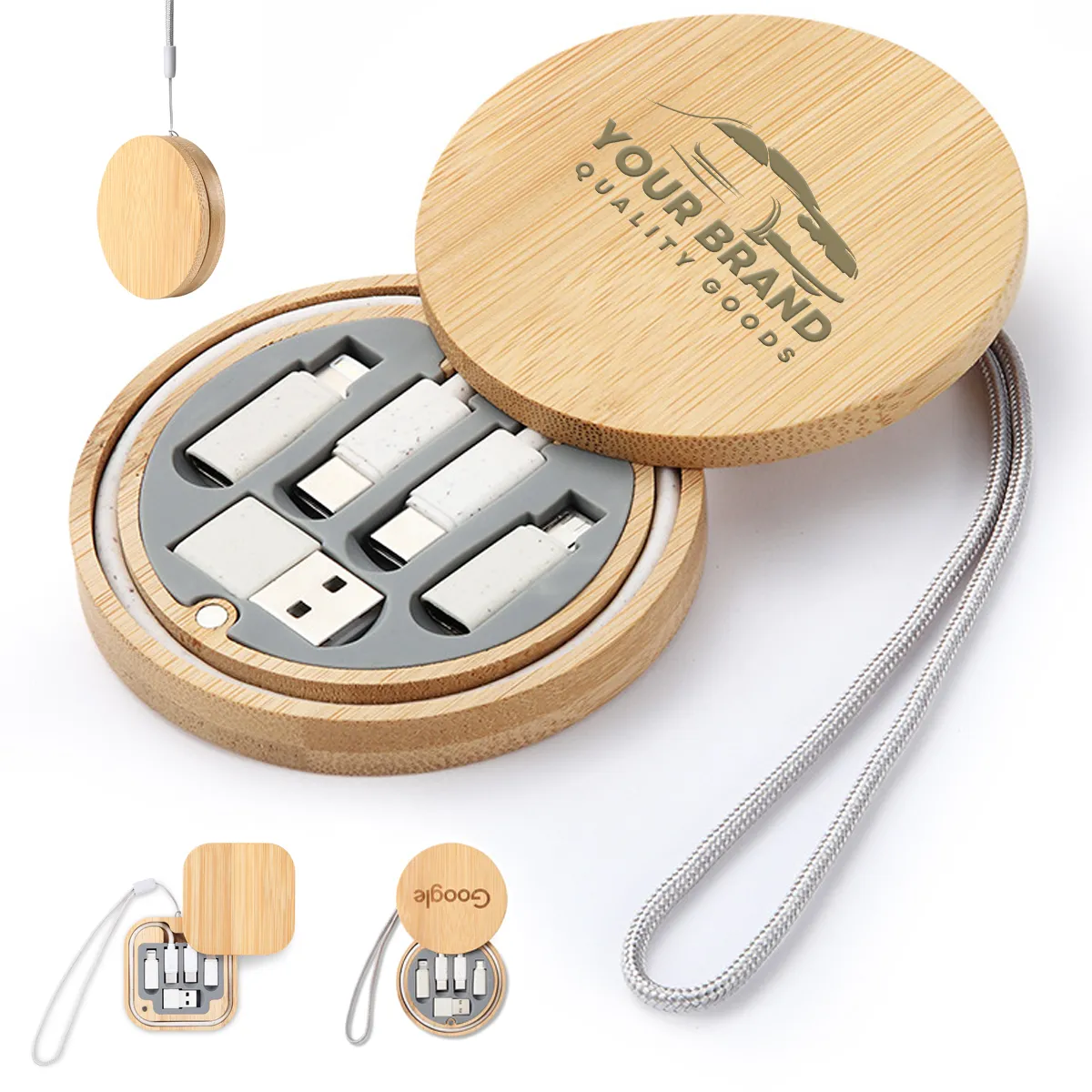 Multi USB Adapter Kit Fast Charging Cable Bamboo Storage Box 3