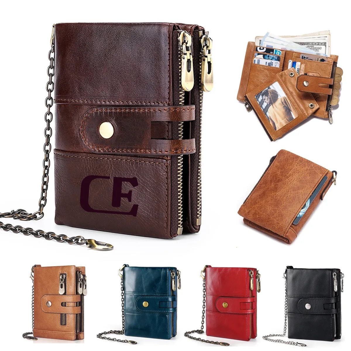 Genuine Leather Detachable Mezzanine RFID Chain Wallet 7