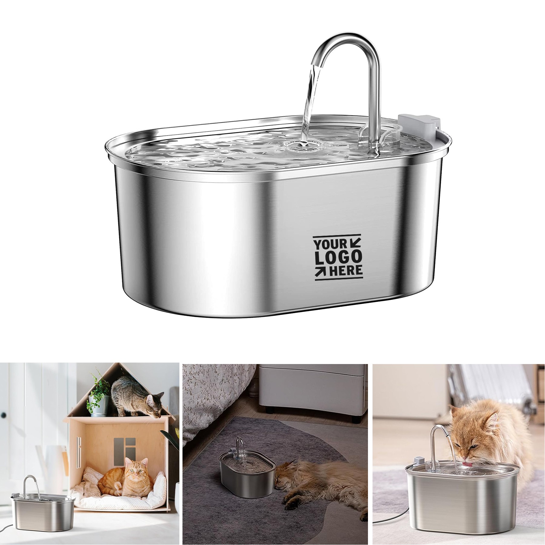 3.2L/108oz 304 Stainless Steel Automatic Multiple Pet Cat Water Fountain with Quiet Pump 3