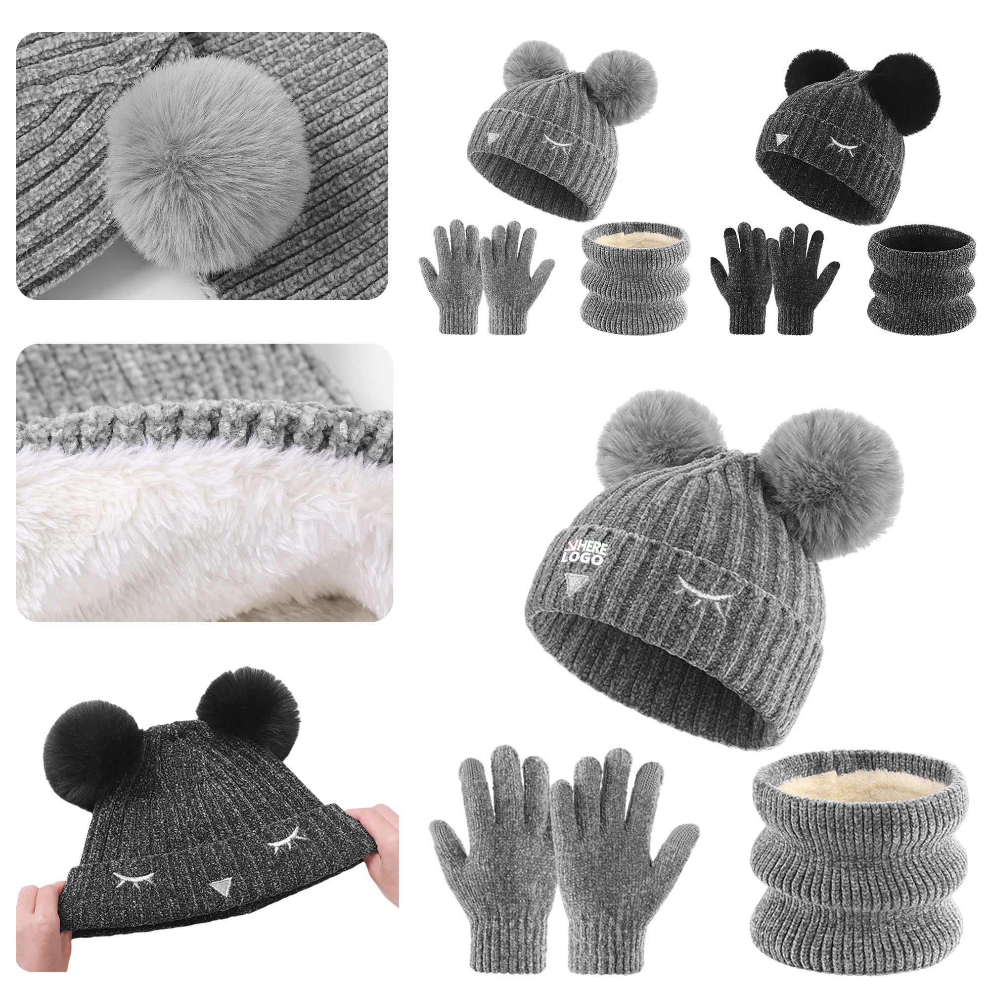Children 3-Piece Winter Velvet Warm Knitted Hat Set 2