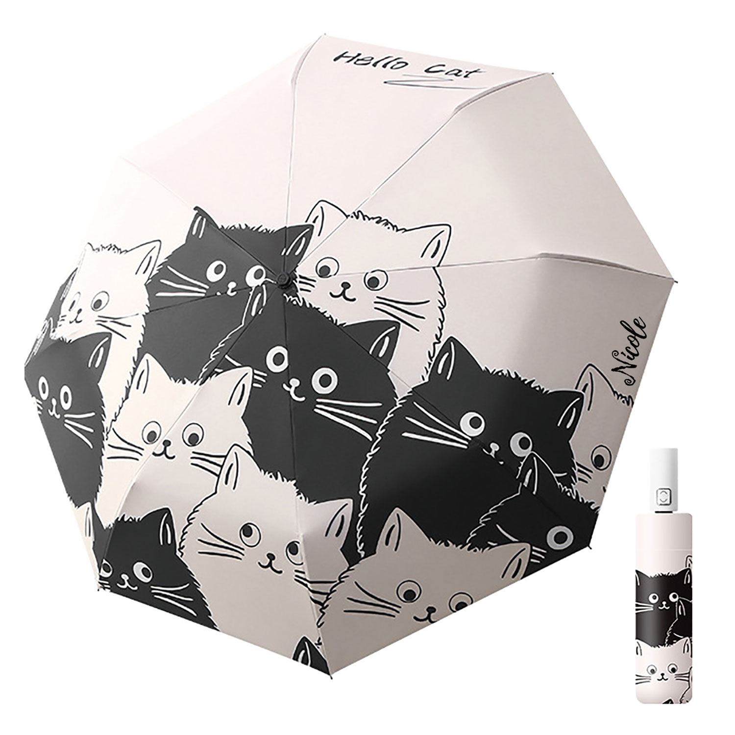 8-Rib Cartoon Black And White Cat Automatic Umbrella 2