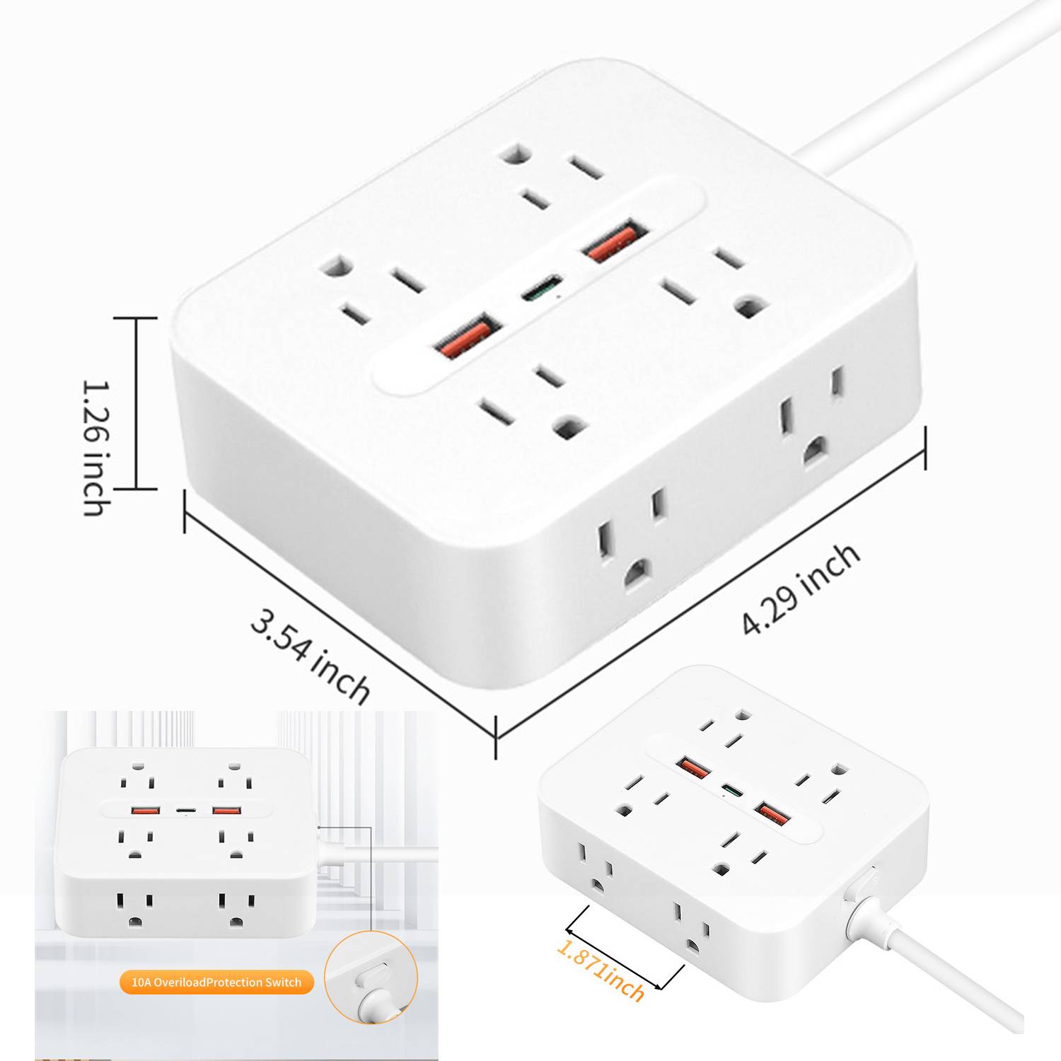 Surge Protection 8-Outlet Wall Extender w/ 3 USB Ports 6