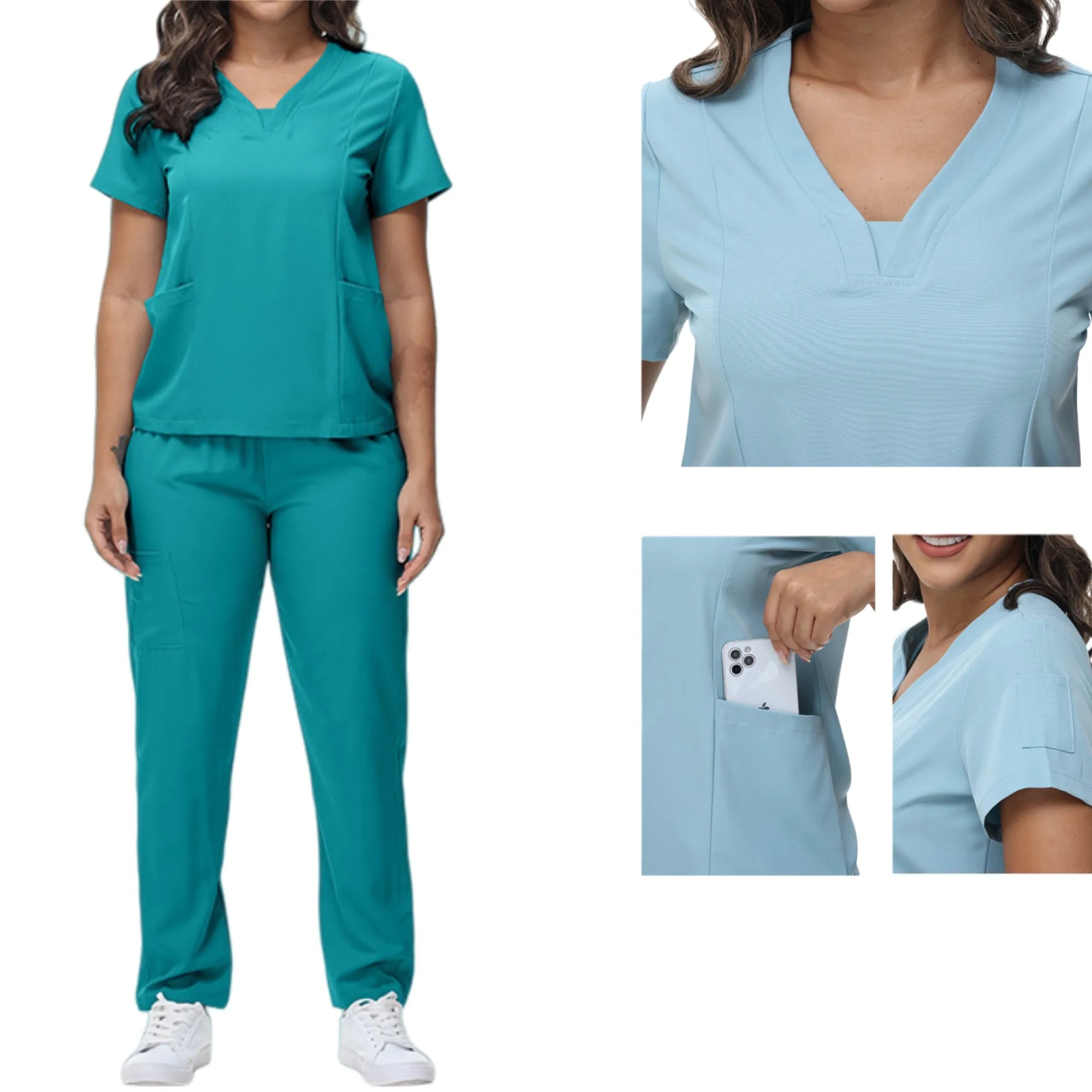 Short Sleeve Nurse Scrubs Set V-Neck Dental Assistan Uniform 3