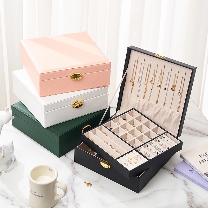 Custom PU Leather 2-Layer Jewelry Organizer Box with Lock 2