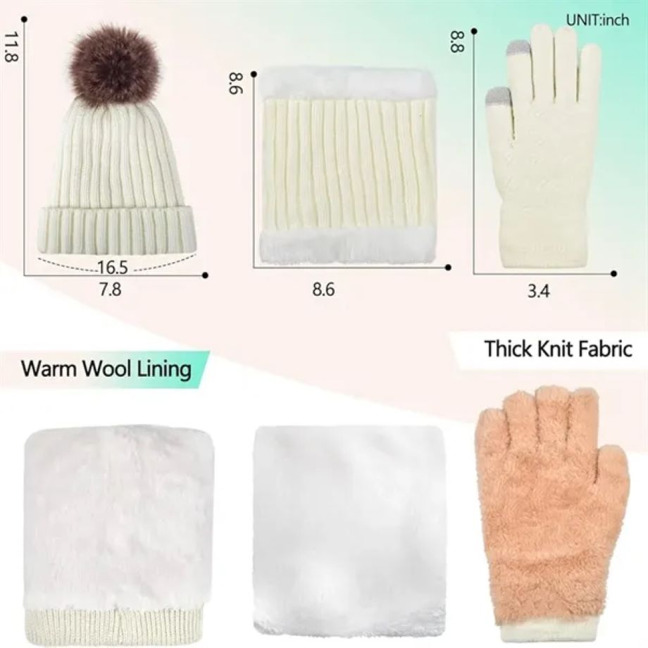 Winter Beanie Hat Scarf Touchscreen Gloves Set 1