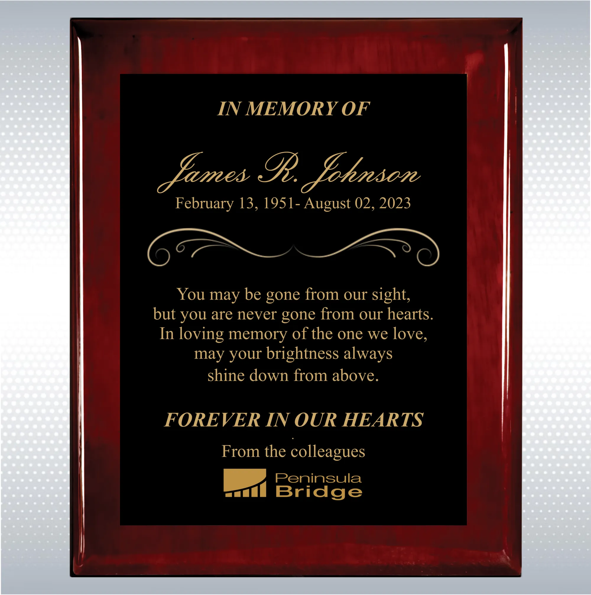 Rosewood Piano Finish Wood Personalized Memorial Plaque Gift 7