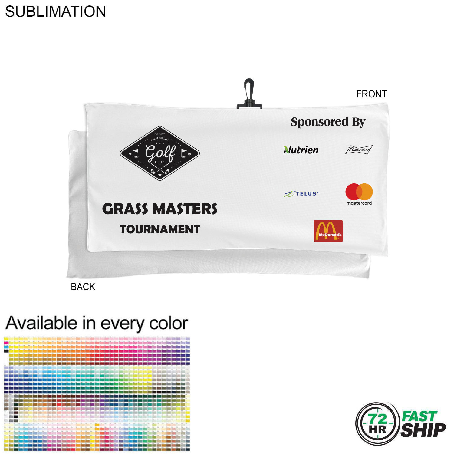 72 Hr Fast Ship - Oversized Golf Towel in Microfiber Terry, 22x44, with Black Hook, Sublimated 2