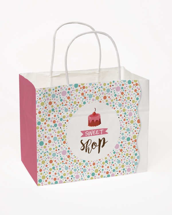 Full Color 4-Sided White Handle Shopper Paper Bags (8.5" x 7.25" x 5") 1