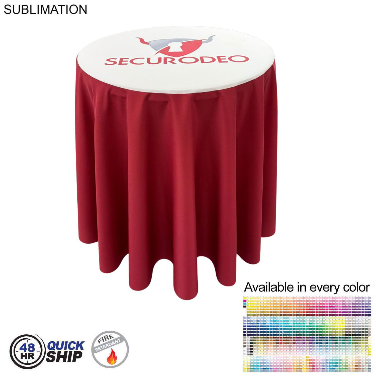 48Hr Quick Ship - Sublimated Bar-Height Round Drape Table Throw 2