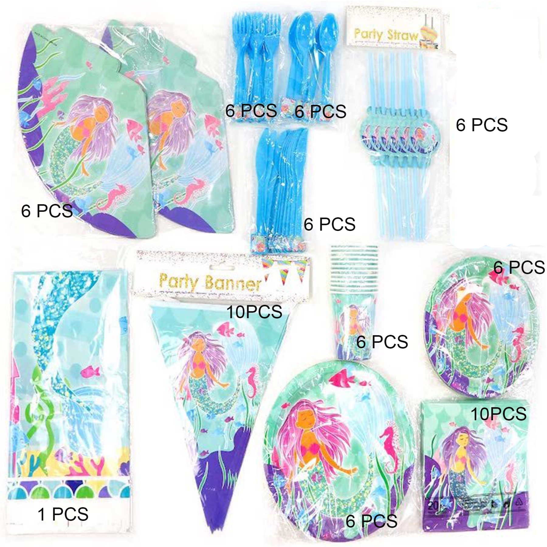 Mermaid Party Supplies Set Serves 6 Blue Paper Plates 1