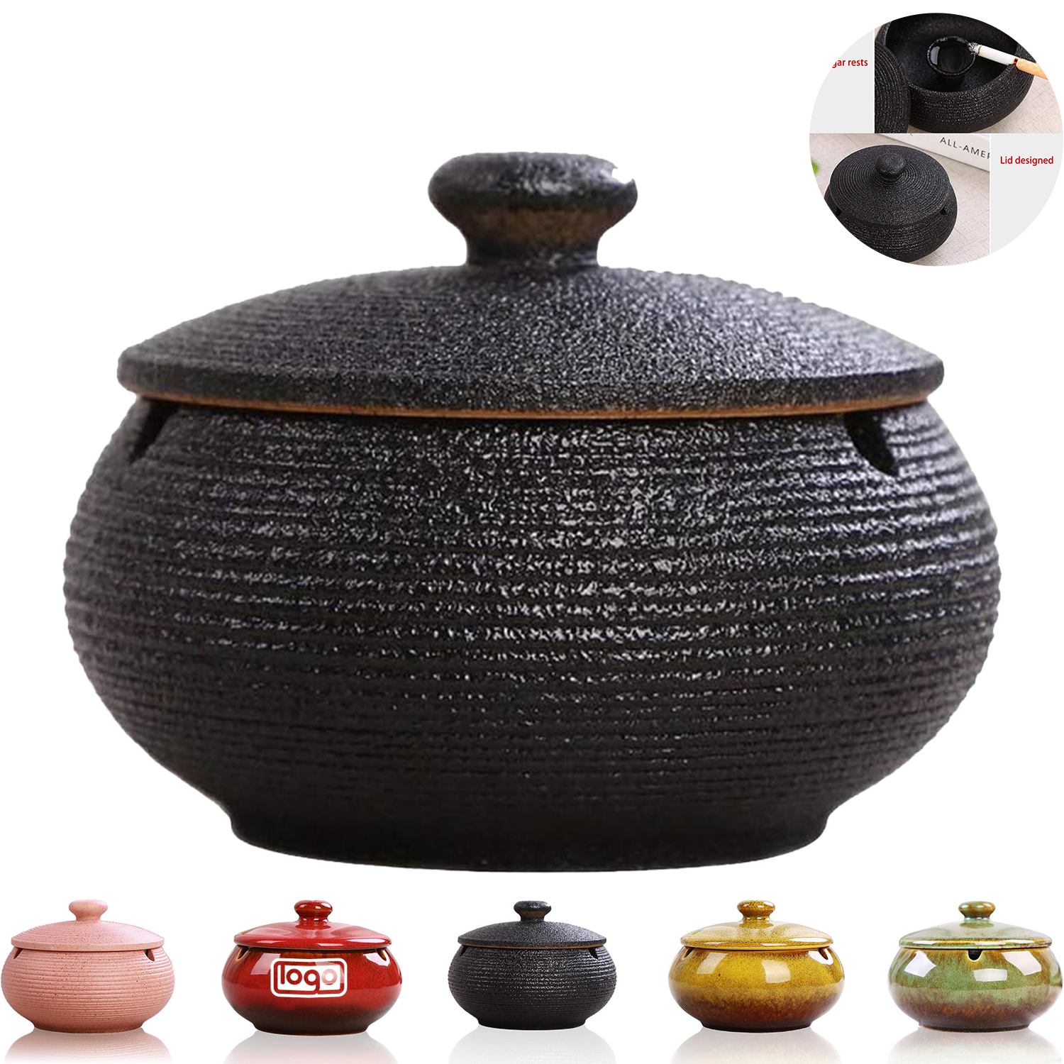 Windproof Ceramic Ashtray w/ Lid 2