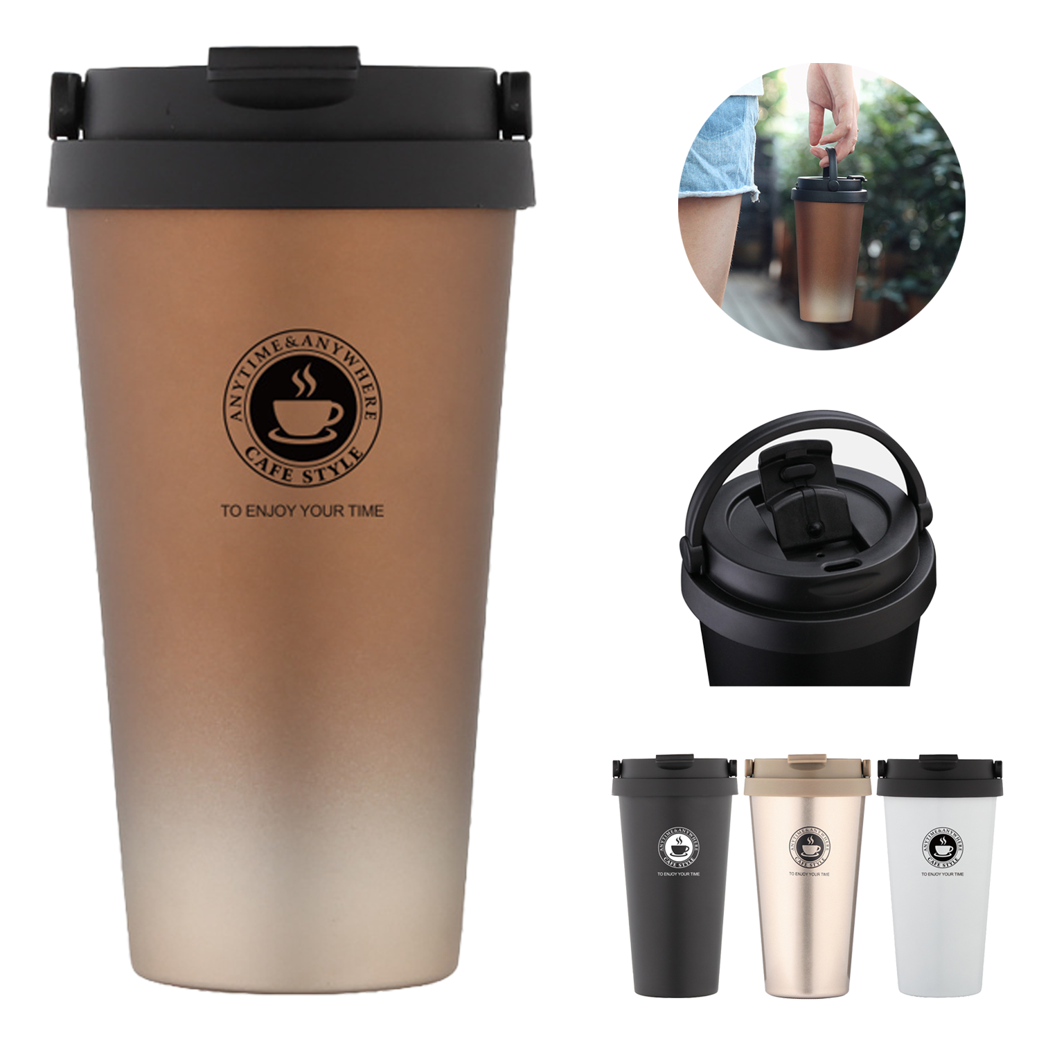 17 Oz. Double Wall Stainless Steel Coffee Cup W/Grip 2