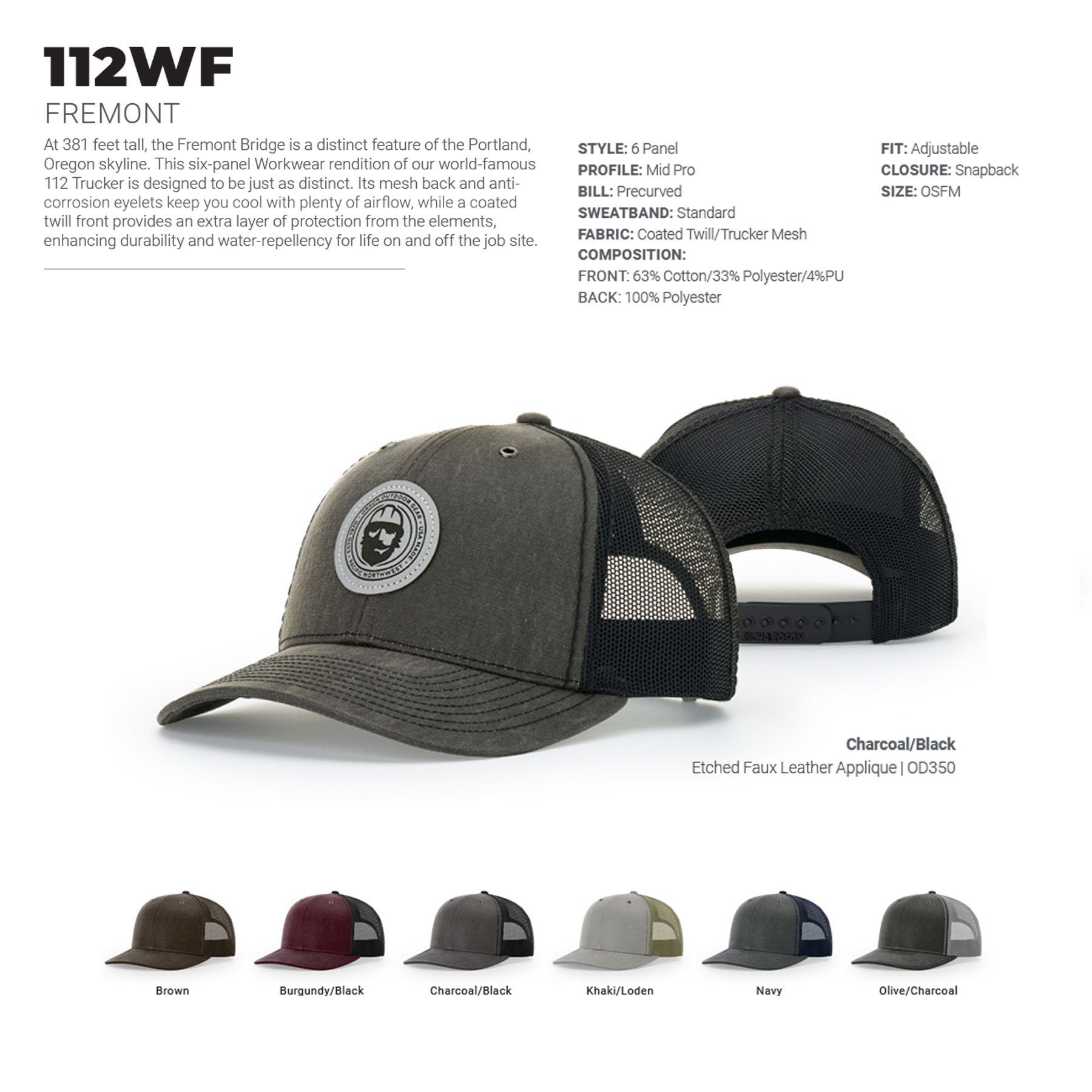 Richardson 112WF Freemont Adjustable Trucker Hat w/Leatherette Adhesive Patches or Embroidery 17