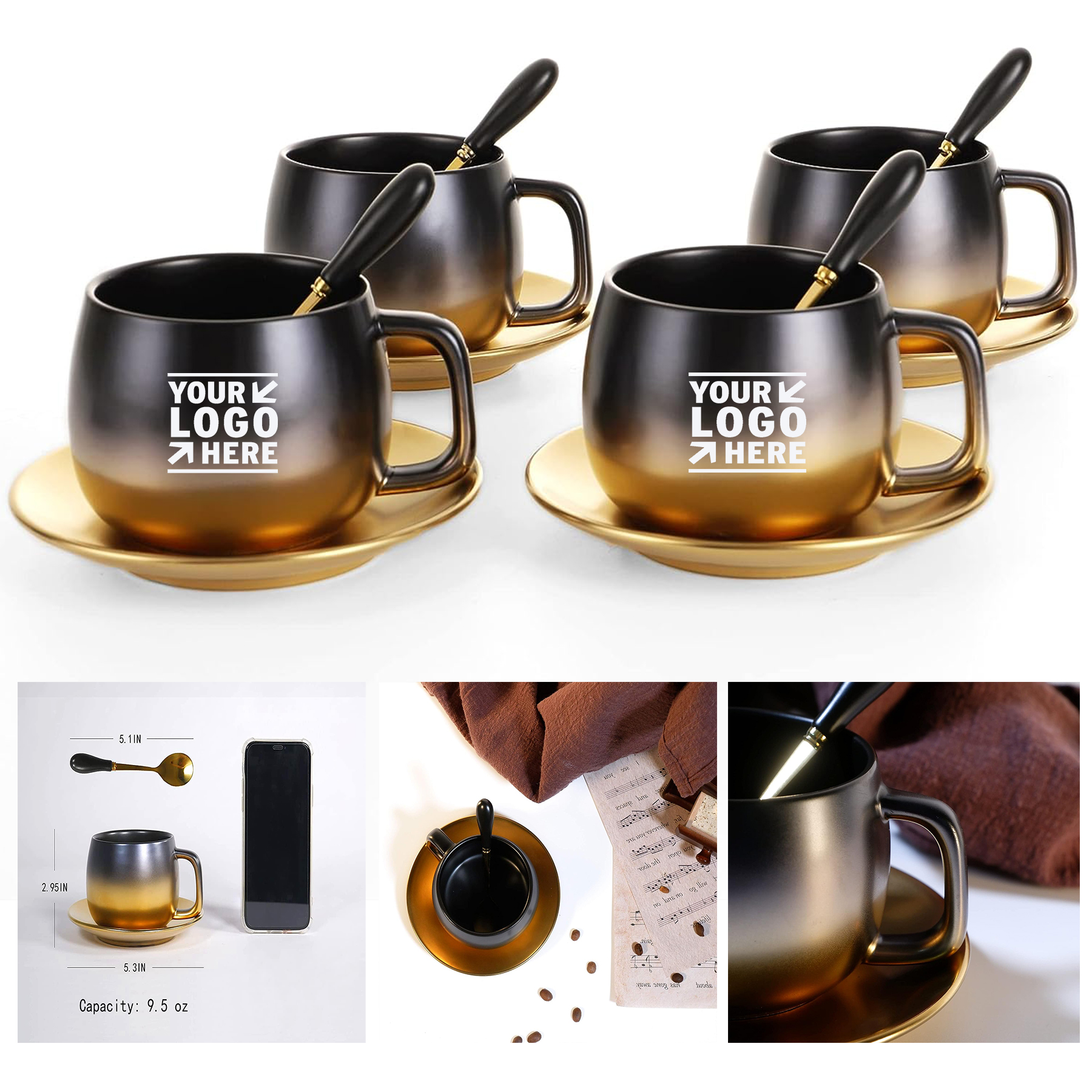 European Style Tea Black Gold Gradual Vintage Ceramic Cup Set Coffee Mug With Spoon Saucer 2