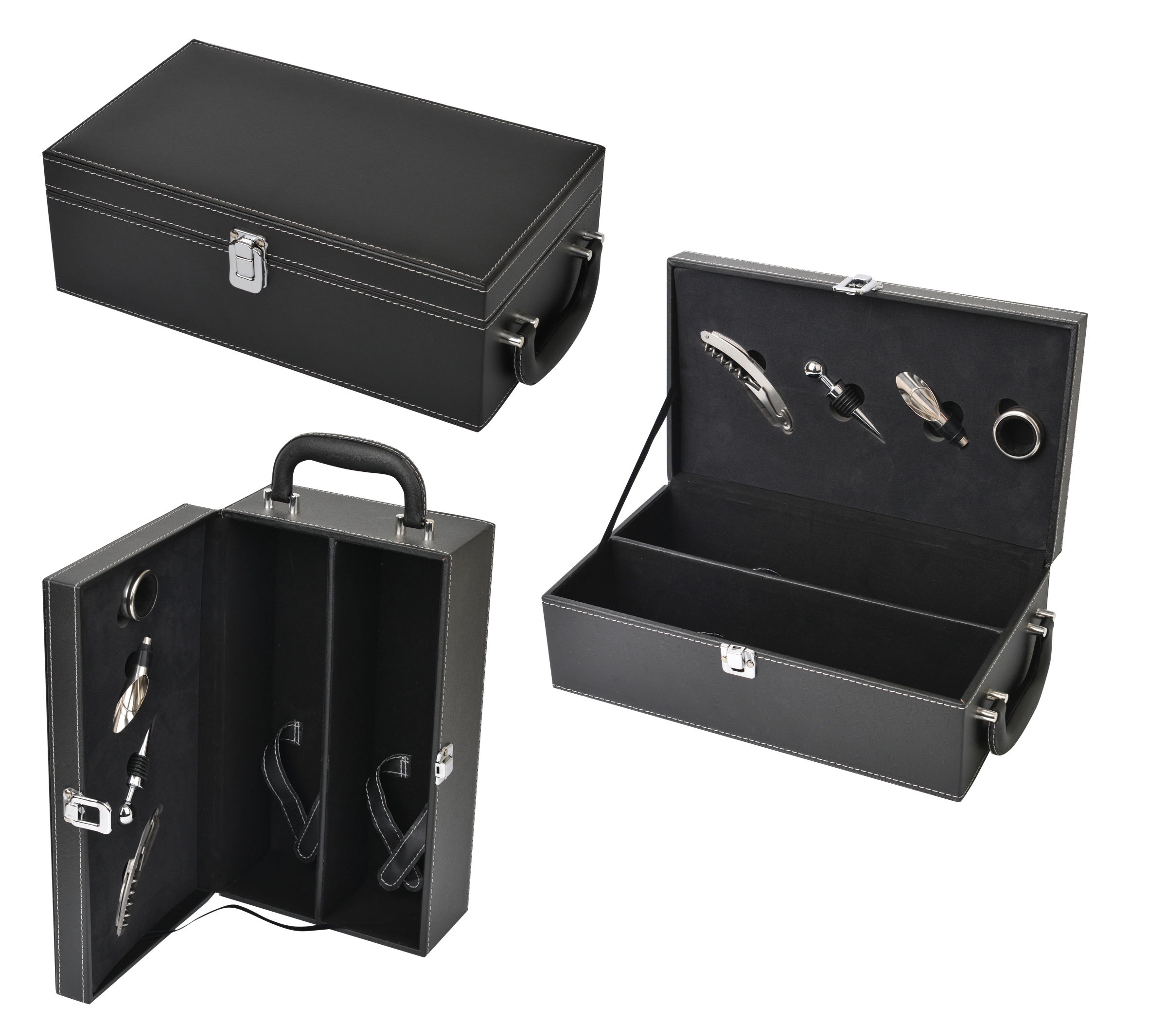 4 PC Wine Set in a Black Leatherette Case w/2 bottle support 2
