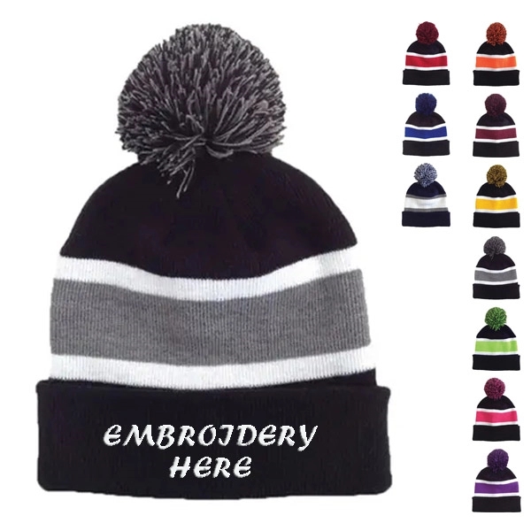 Three Tone Knit Beanie with Pom Ball 11