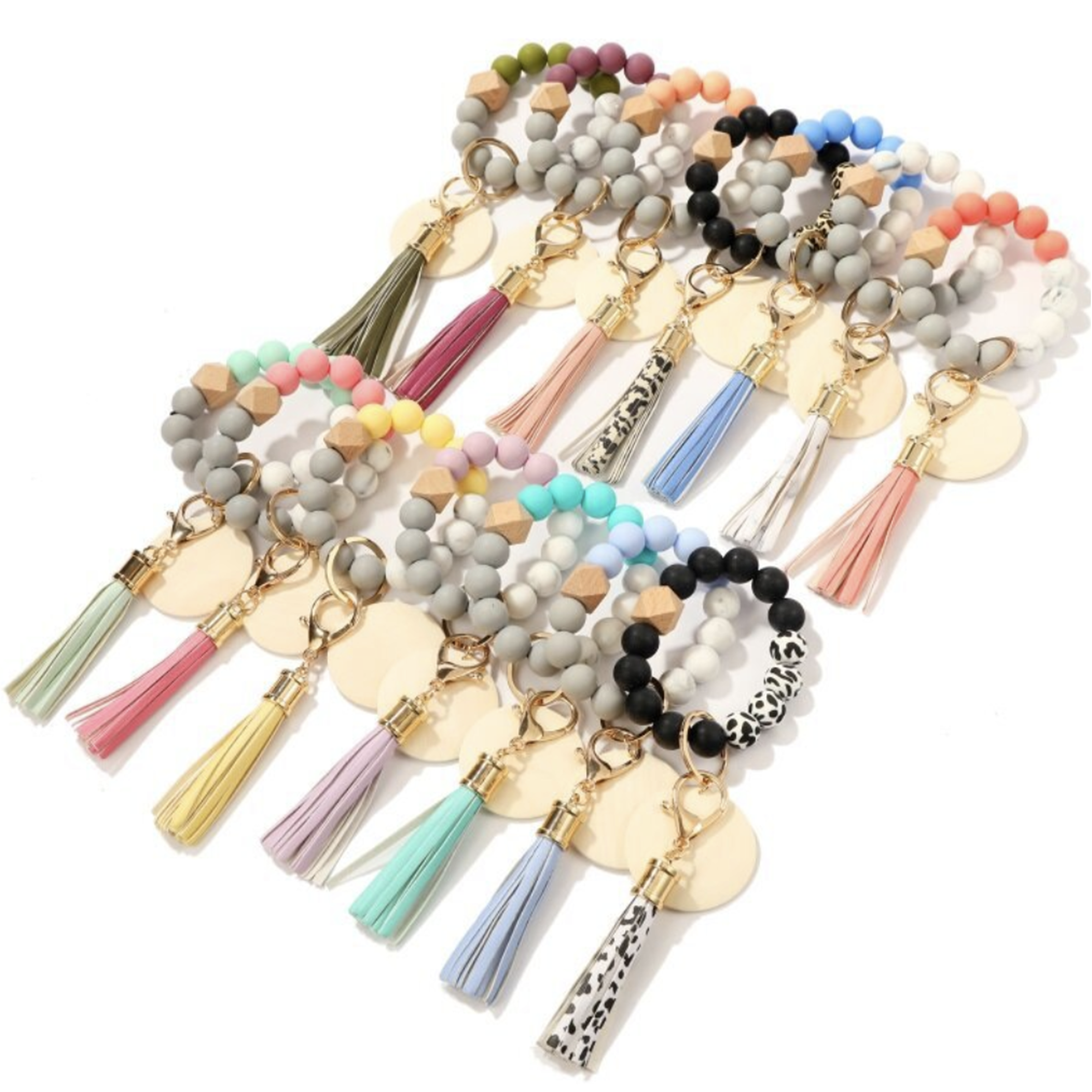 MOQ 10 PCS Customizable Silicone Key Bead Wood Bracelet Keychain 11