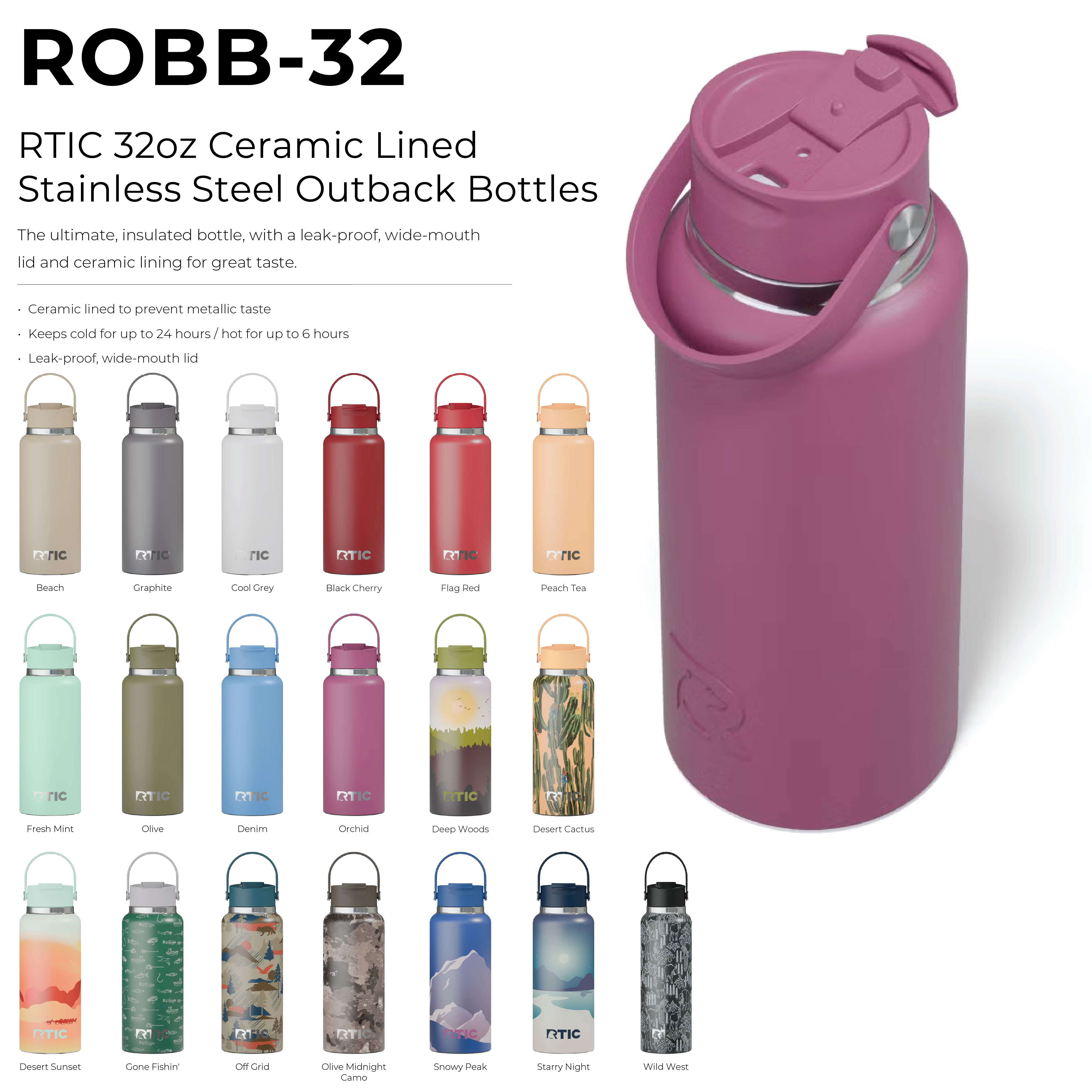 RTIC 32oz Ceramic Lined Stainless Steel Outback Bottles 12
