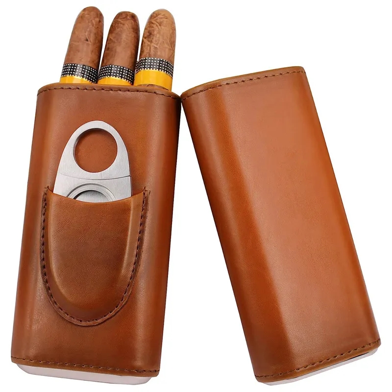 3- Finger Brown Leather Cigar Case with Cutter 1