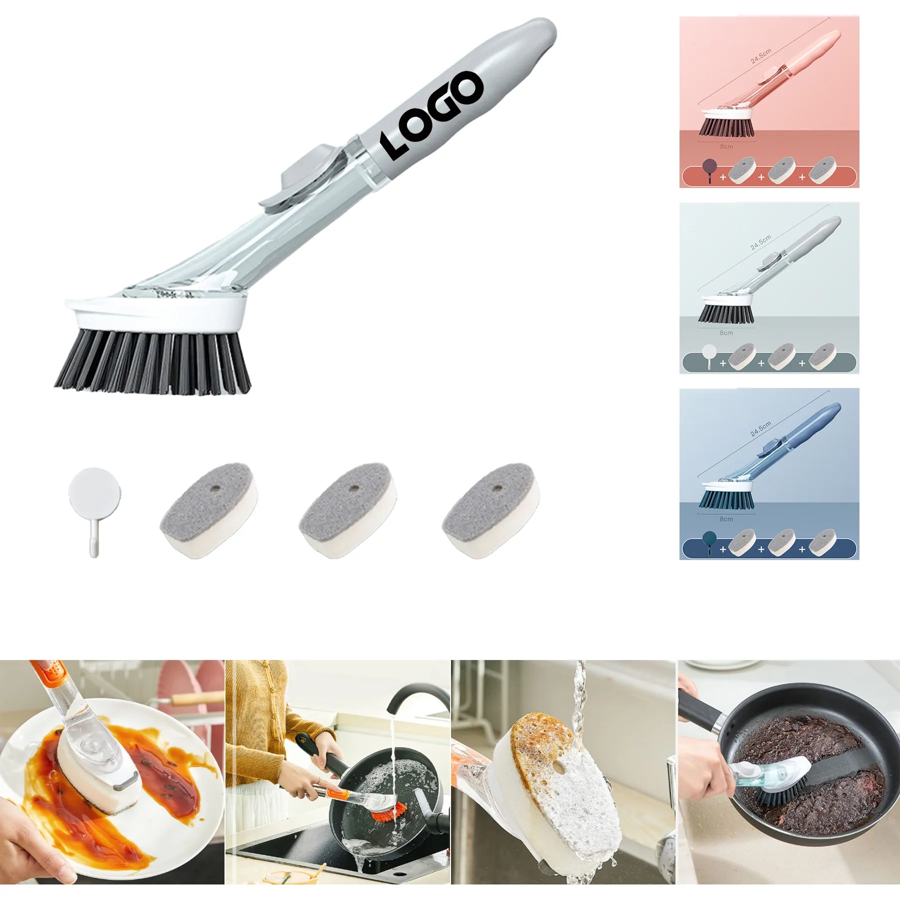 Soap Dispensing Palm Dish Brush with Handle 2