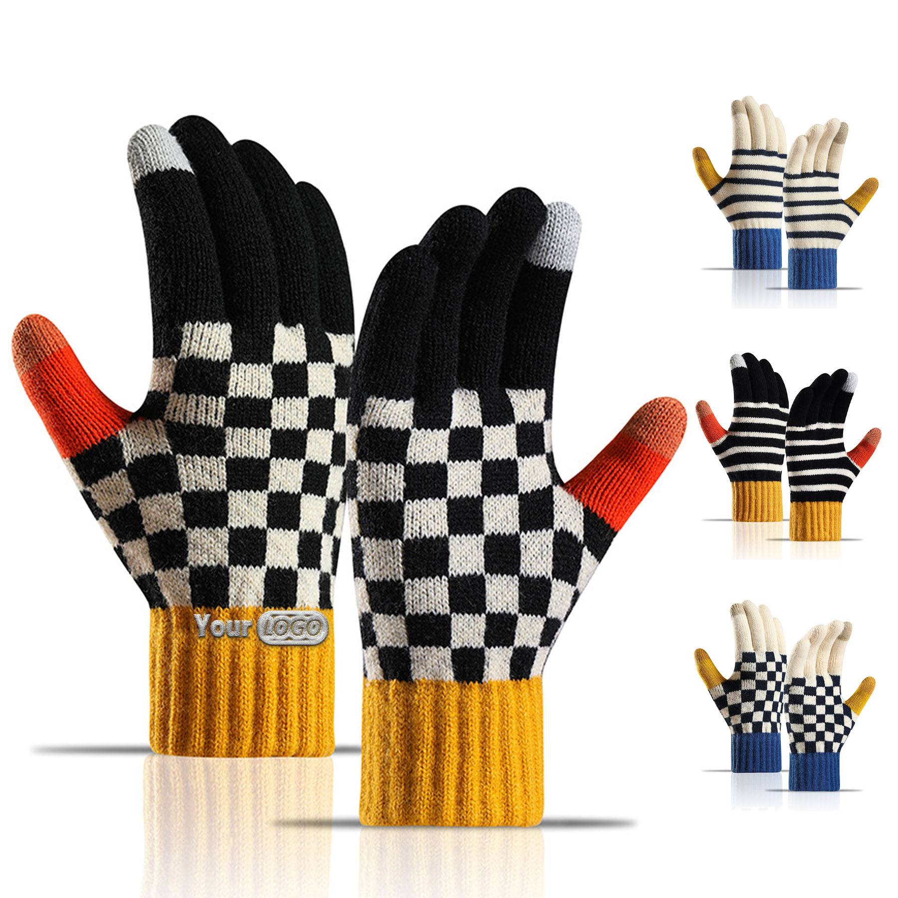 Touchscreen Striped and Checkered Knit Gloves 2