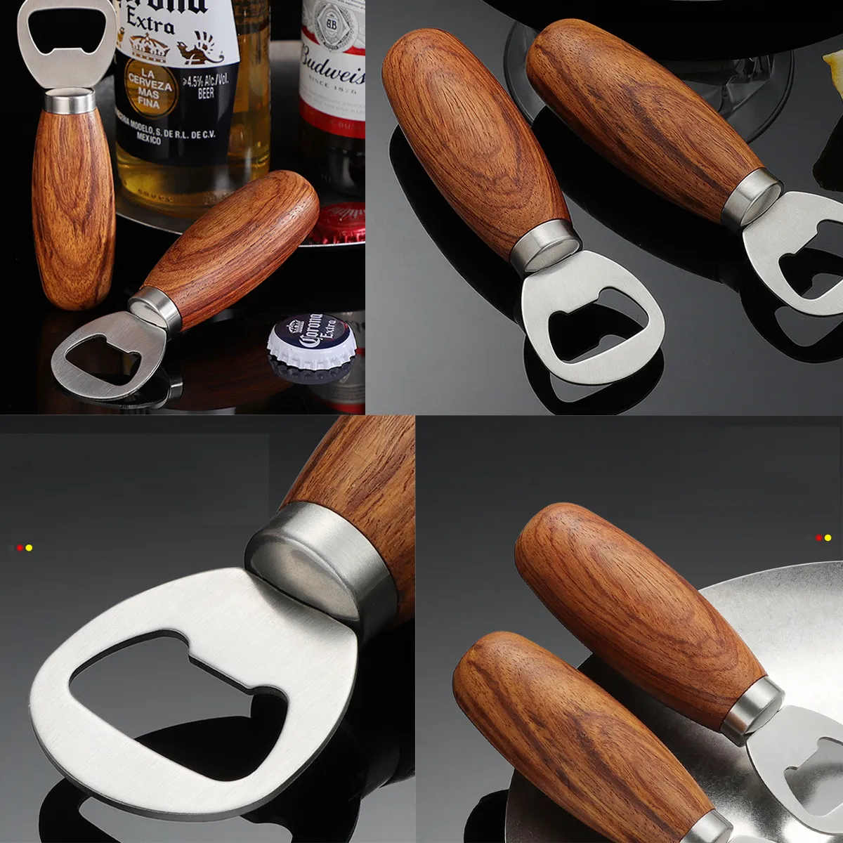 Multi-Uses Compact Wooden Handheld Beer Bottle Opener 4 Pce 3