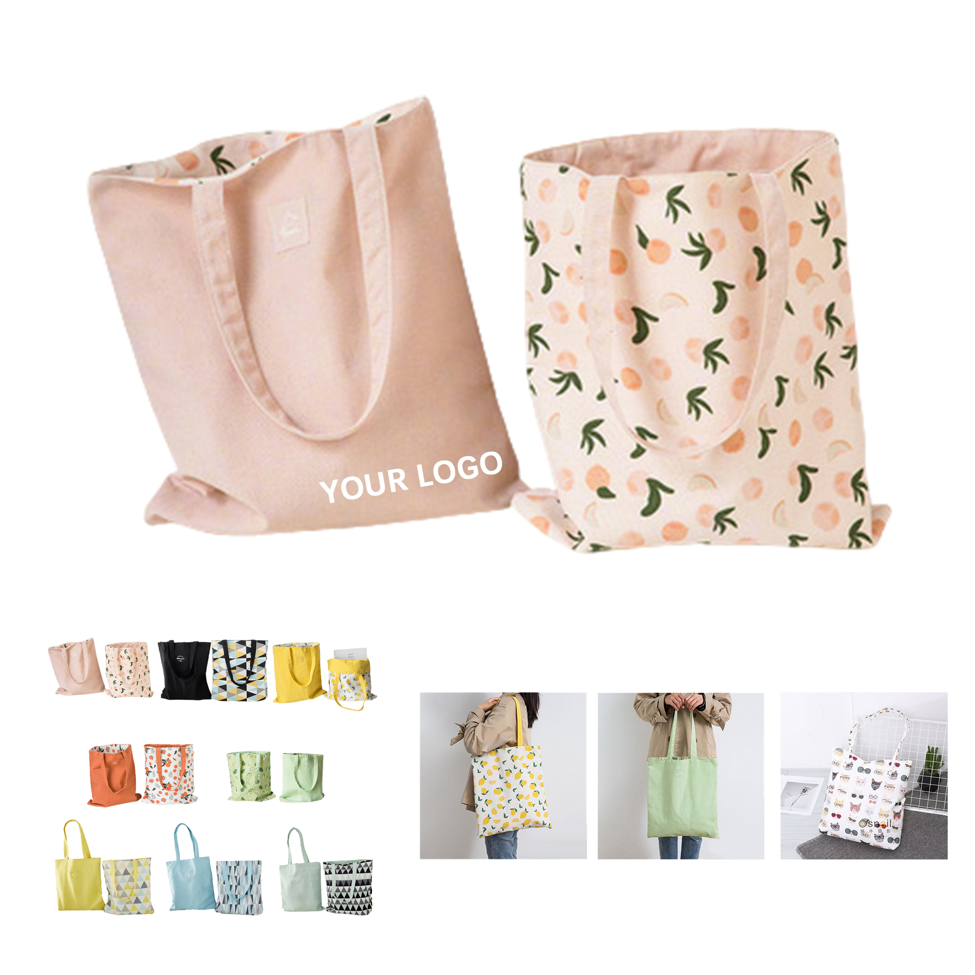 Reversible Cotton Carry Tote Double Layer 16" x 13.5" 10