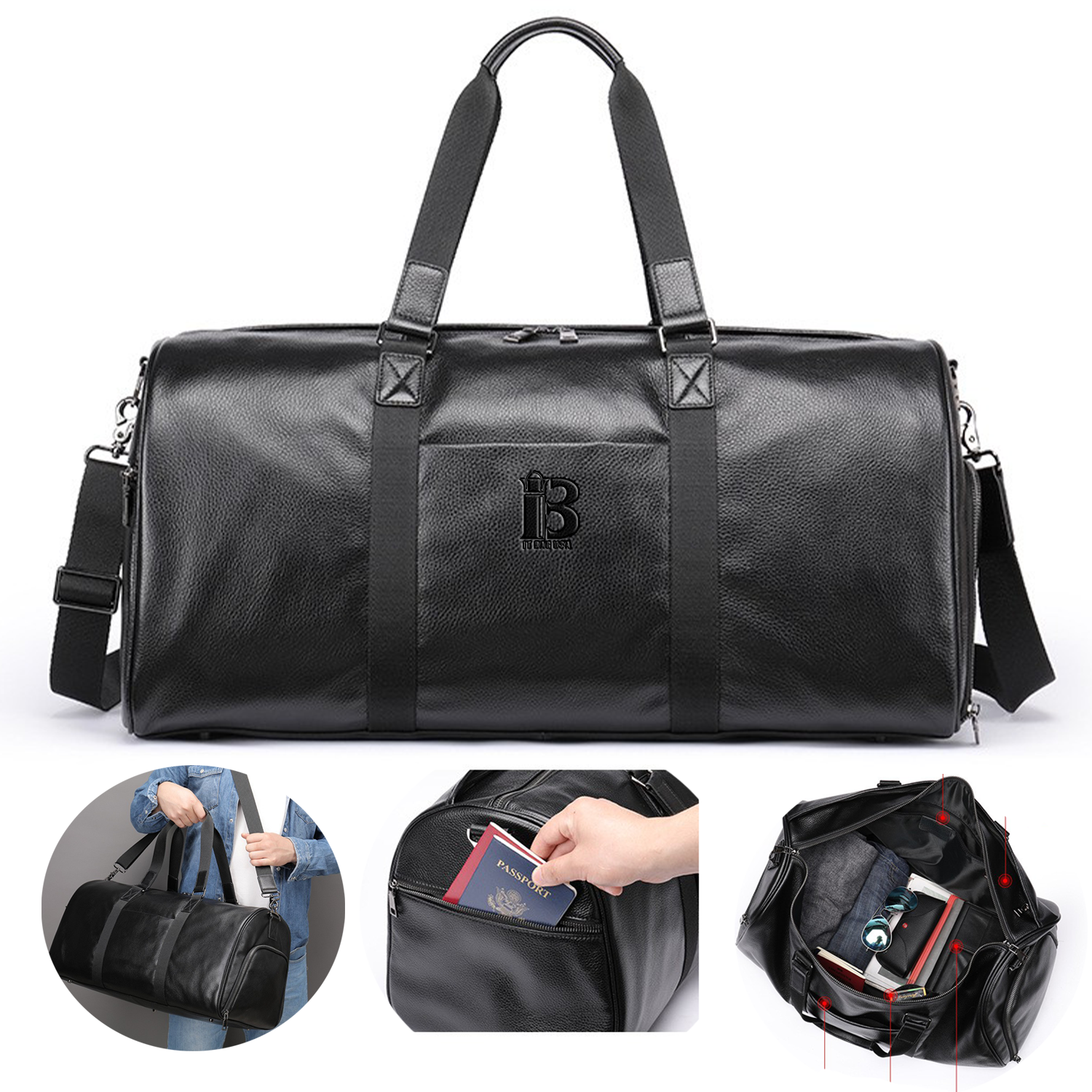 Genuine Leather Travel Weekender Duffel Bag for Men, custom luggage with logo imprint 2