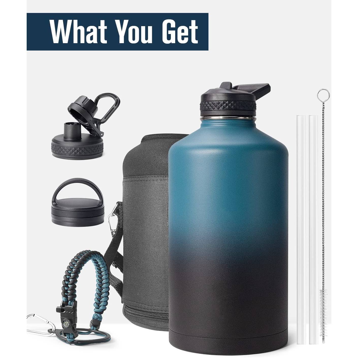 Water Bottle Insulated with Paracord Handle & 3 Lids, 64oz Water Jug Big Large Metal Stainless Steel 4