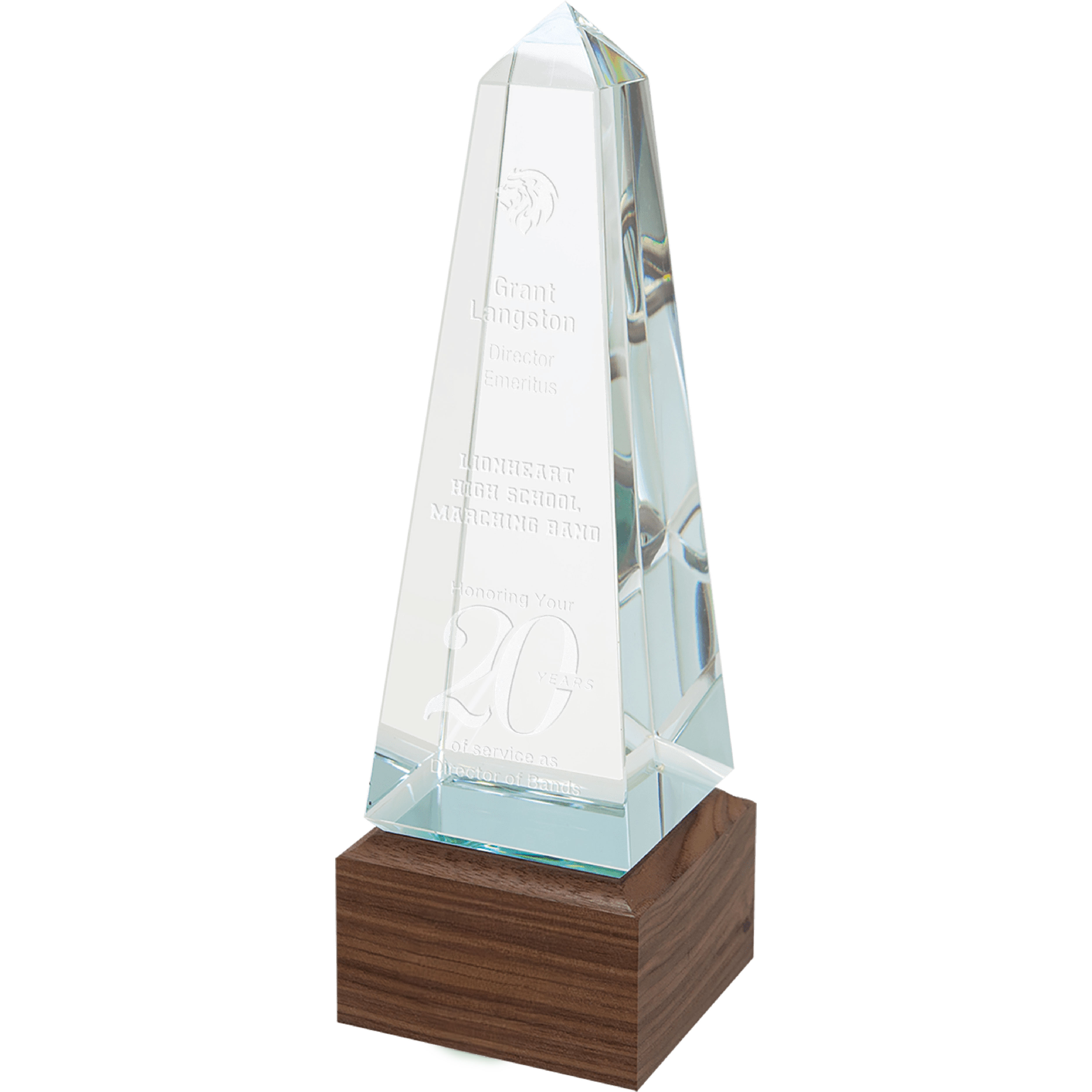 9 3/4" Obelisk Sierra Glass Award with Walnut Base 2